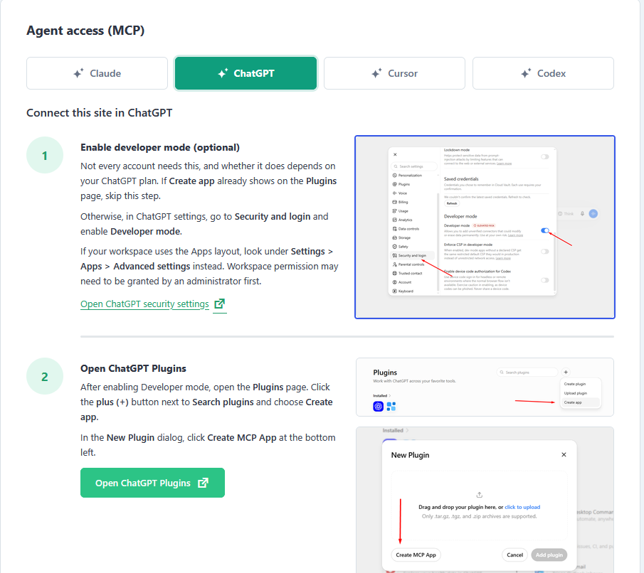 Fabrement MCP Connection, ChatGPT card: enable Developer mode if needed, then Open ChatGPT Plugins