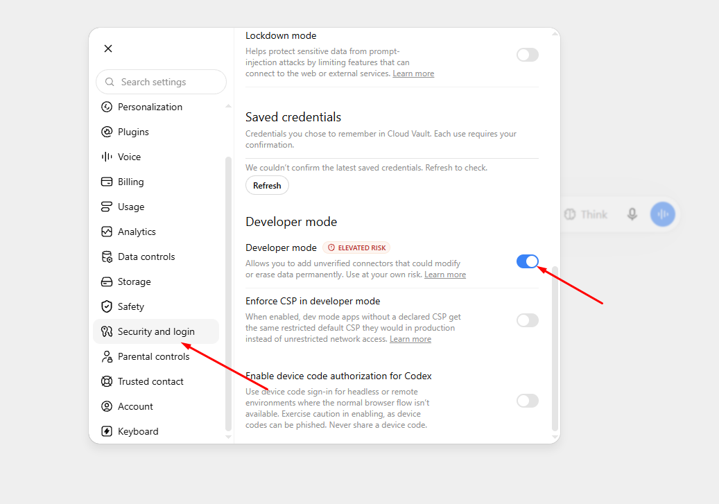 ChatGPT settings, Security and login: the Developer mode switch turned on