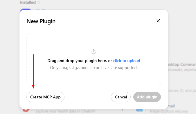 ChatGPT New Plugin dialog with the Create MCP App button