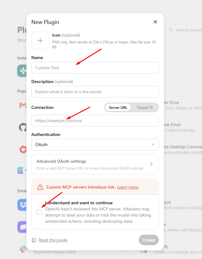 ChatGPT New Plugin form: Name, Server URL, Authentication OAuth and the I understand and want to continue checkbox