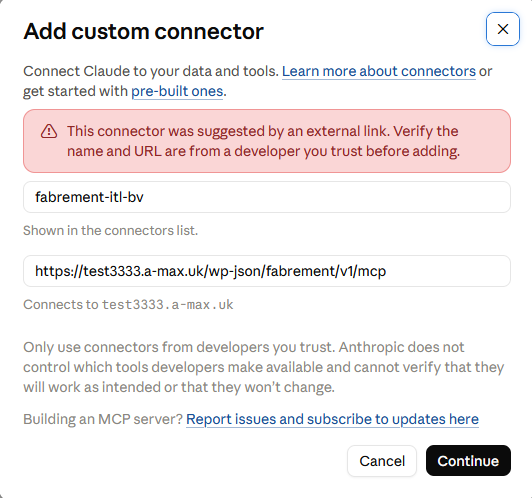 Claude.ai Add custom connector dialog prefilled with the connector name and the site MCP URL