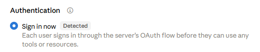 Claude connector authentication option Sign in now, detected