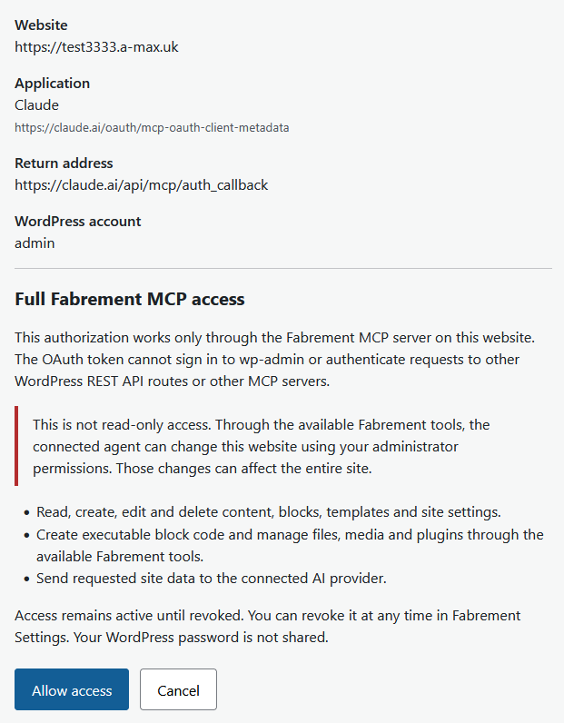 WordPress authorization page for an AI client, showing Full Fabrement MCP access and the Allow access button