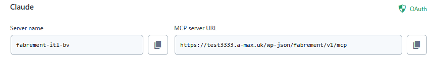 Fabrement MCP Connection: the server name and MCP server URL to copy