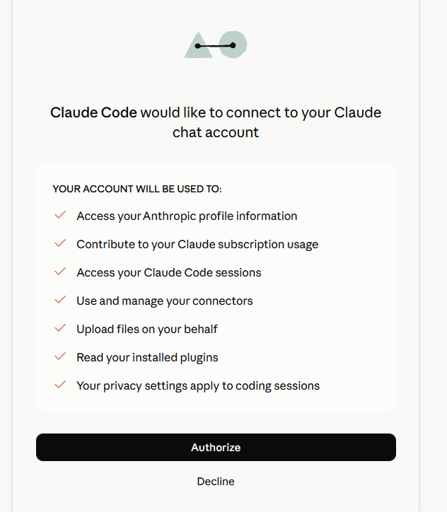 Claude Code asking to connect to your Claude account, with the Authorize button