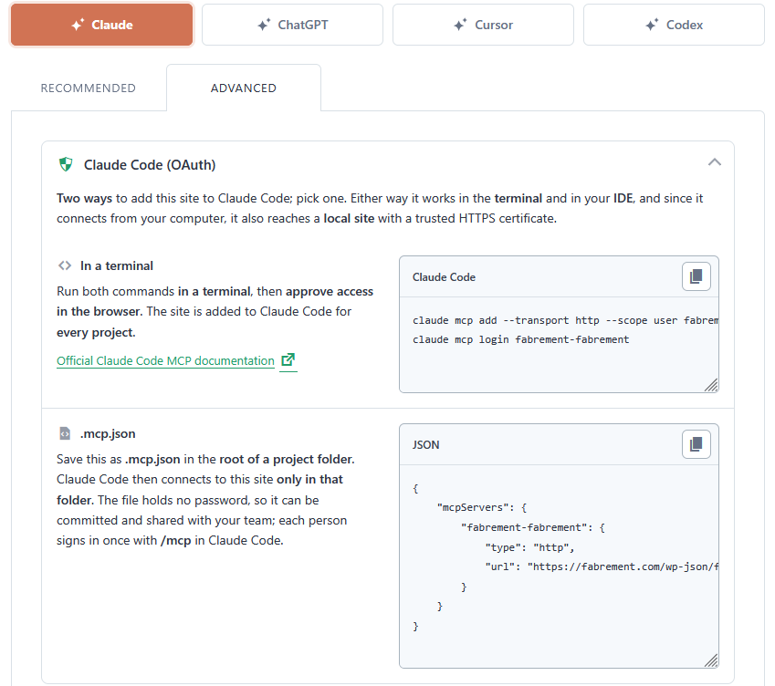 Fabrement MCP Connection, Claude card, Advanced tab: Claude Code (OAuth) with the two terminal commands and the .mcp.json option