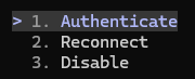 Claude Code /mcp server menu with Authenticate, Reconnect and Disable