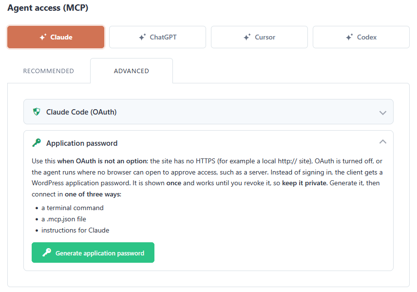 Fabrement MCP Connection, Claude card, Advanced tab: the Application password section with the Generate application password button