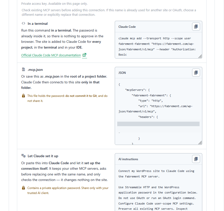 Fabrement MCP Connection, application password: a terminal command, a .mcp.json file and setup instructions for Claude, with the password hidden