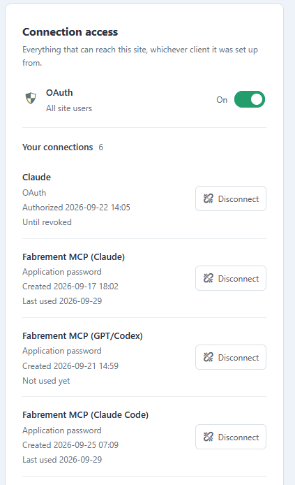 Fabrement Connection access card listing OAuth and application password connections, each with a Disconnect button, and the OAuth switch