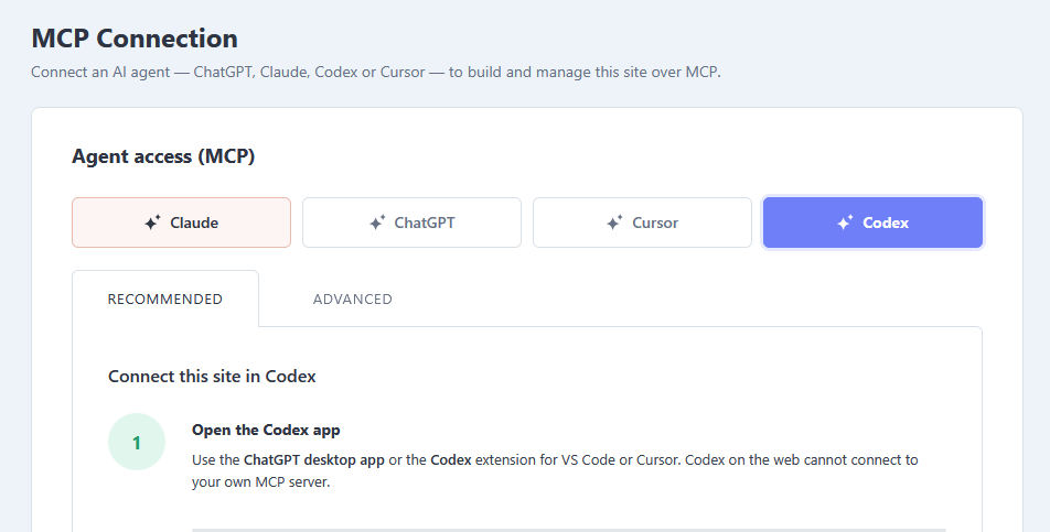 Fabrement MCP Connection, Codex card on the Recommended tab: open the Codex app in the ChatGPT desktop app or the VS Code or Cursor extension