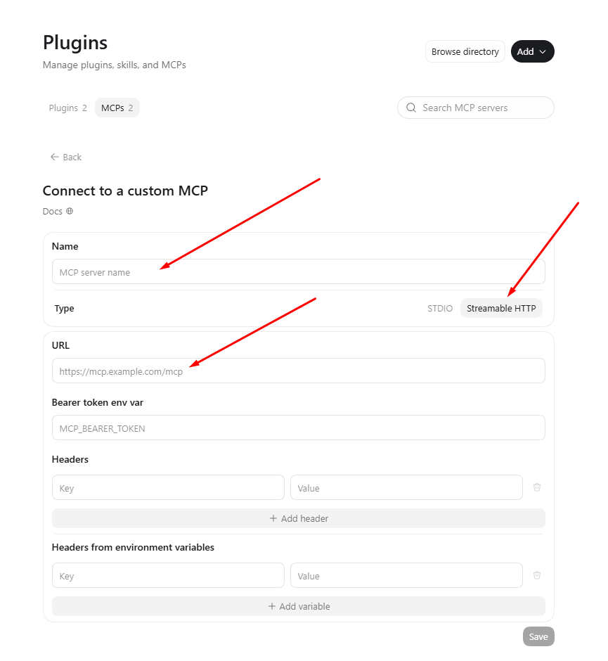 Codex Connect to a custom MCP form: Name, Streamable HTTP and URL