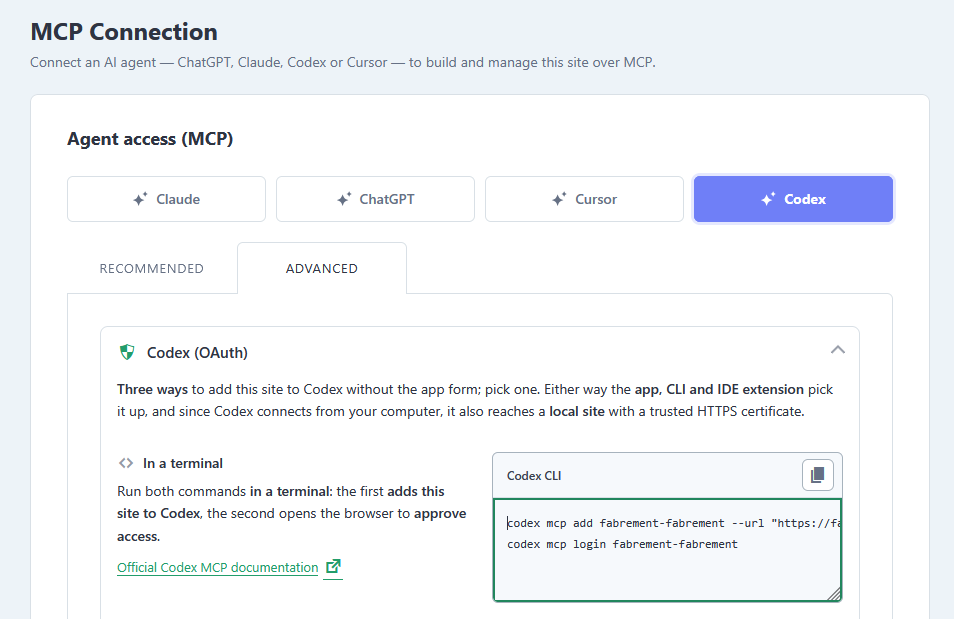 Fabrement MCP Connection, Codex card on the Advanced tab: Codex (OAuth) with the codex mcp add and codex mcp login commands