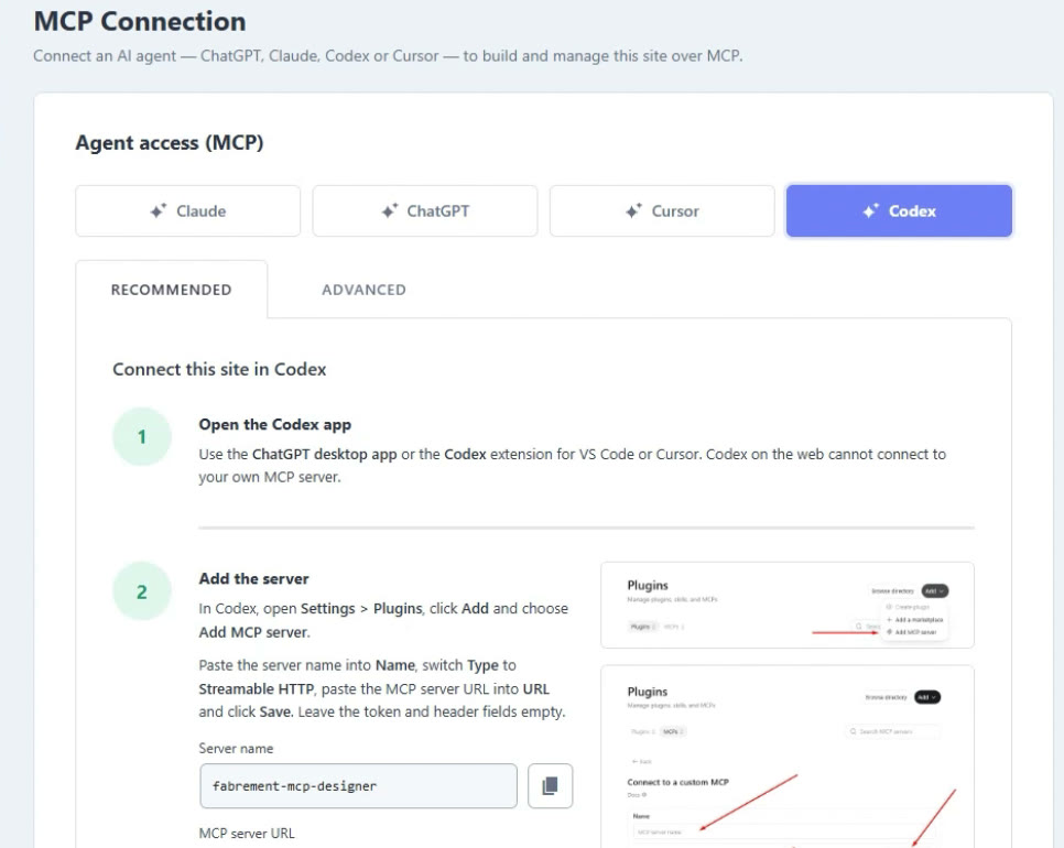 Fabrement MCP Connection screen with the Codex card selected: open the Codex app, then add the server with its name and MCP server URL