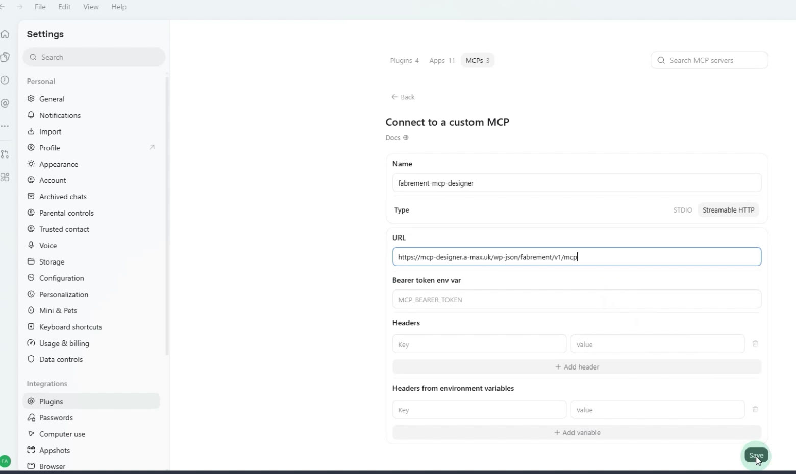 Codex app Settings, Plugins, MCPs tab: Connect to a custom MCP with the server name, Streamable HTTP type and the site MCP server URL