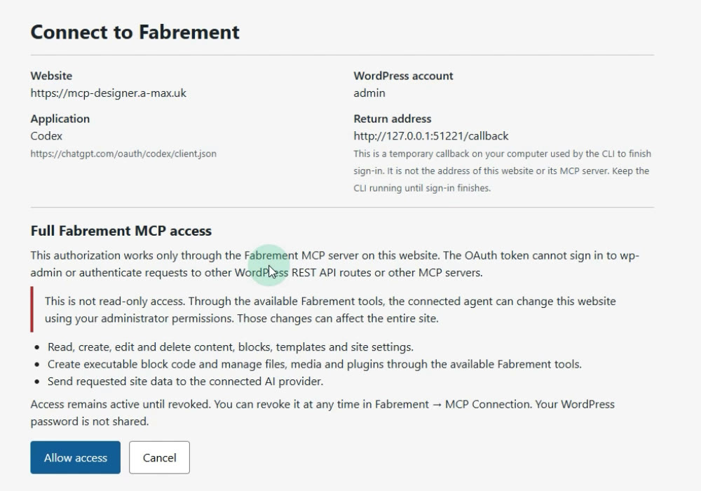 WordPress authorization page Connect to Fabrement for Codex, listing the access it grants, with the Allow access button
