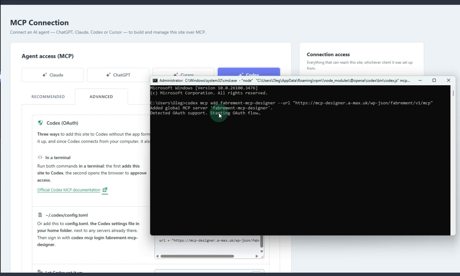 Codex CLI in a terminal: codex mcp add with the site MCP URL, then OAuth support detected and the sign-in flow starting