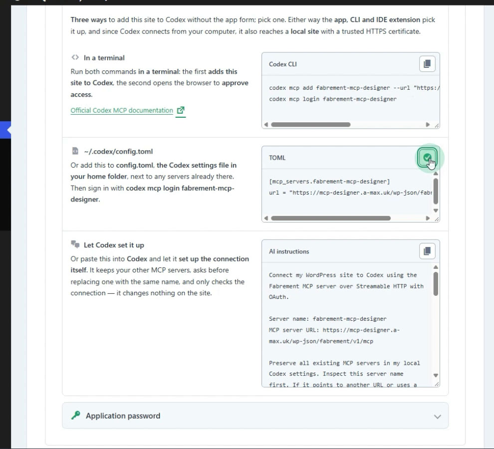 Fabrement MCP Connection, Codex card, Advanced tab: the two terminal commands, the config.toml snippet and the AI instructions for OAuth
