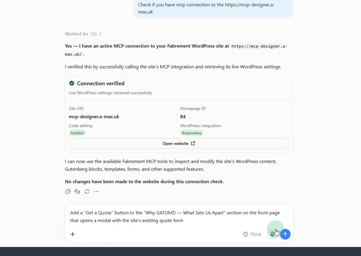 Codex confirms an active MCP connection to the WordPress site, reads its settings and reports that nothing was changed