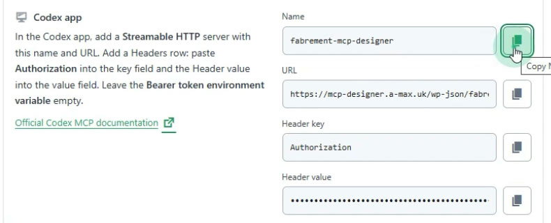 Fabrement application password setup for the Codex app: server name, URL, the Authorization header key and the hidden header value