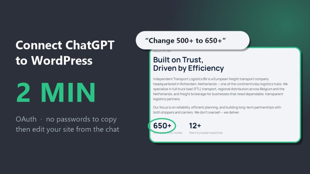 Connect ChatGPT to WordPress in 2 minutes: a chat request to change 500+ to 650+ and the live page showing 650+