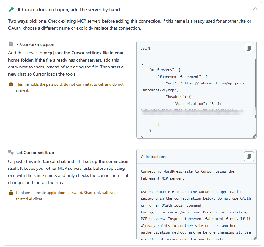 Fabrement panel for adding the Cursor MCP server by hand: the mcp.json entry with the key hidden, and AI instructions to paste into Cursor chat