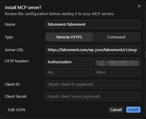 Cursor Install MCP server dialog with the Fabrement server URL filled in and the Authorization header hidden
