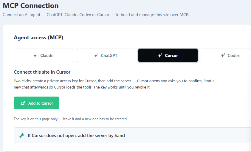 Fabrement MCP Connection screen in wp-admin with the Cursor tab open and the Add to Cursor button