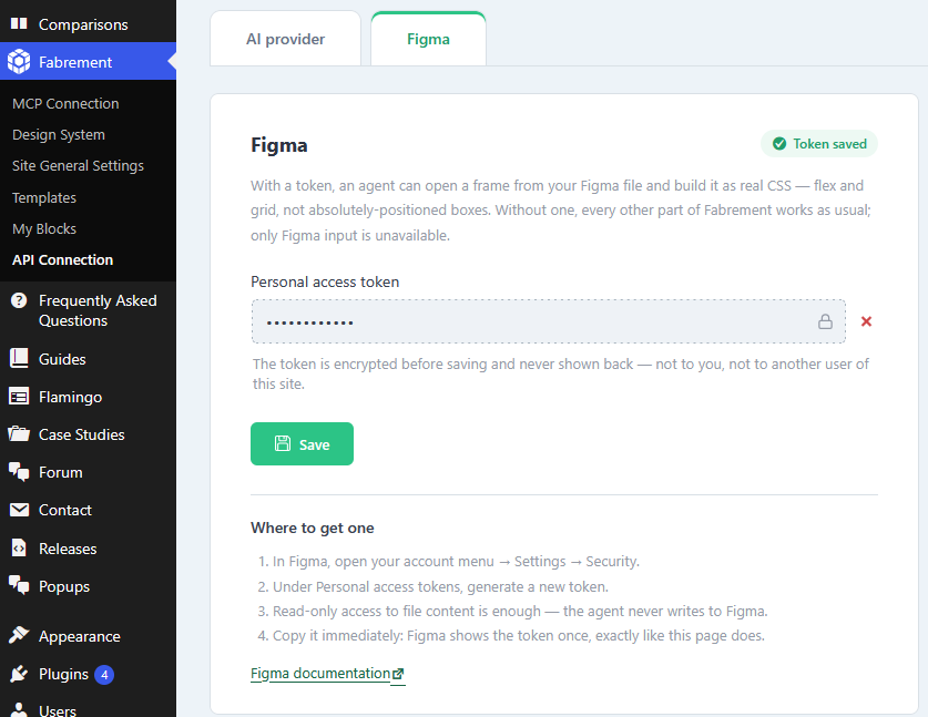 Fabrement API Connection screen in wp-admin, Figma tab, with the personal access token saved and hidden