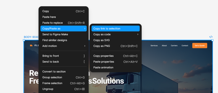 Figma right-click menu on a selected frame, with Copy/Paste as open and Copy link to selection highlighted