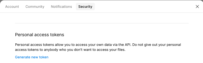 Figma Settings, Security tab, Personal access tokens section with the Generate new token link