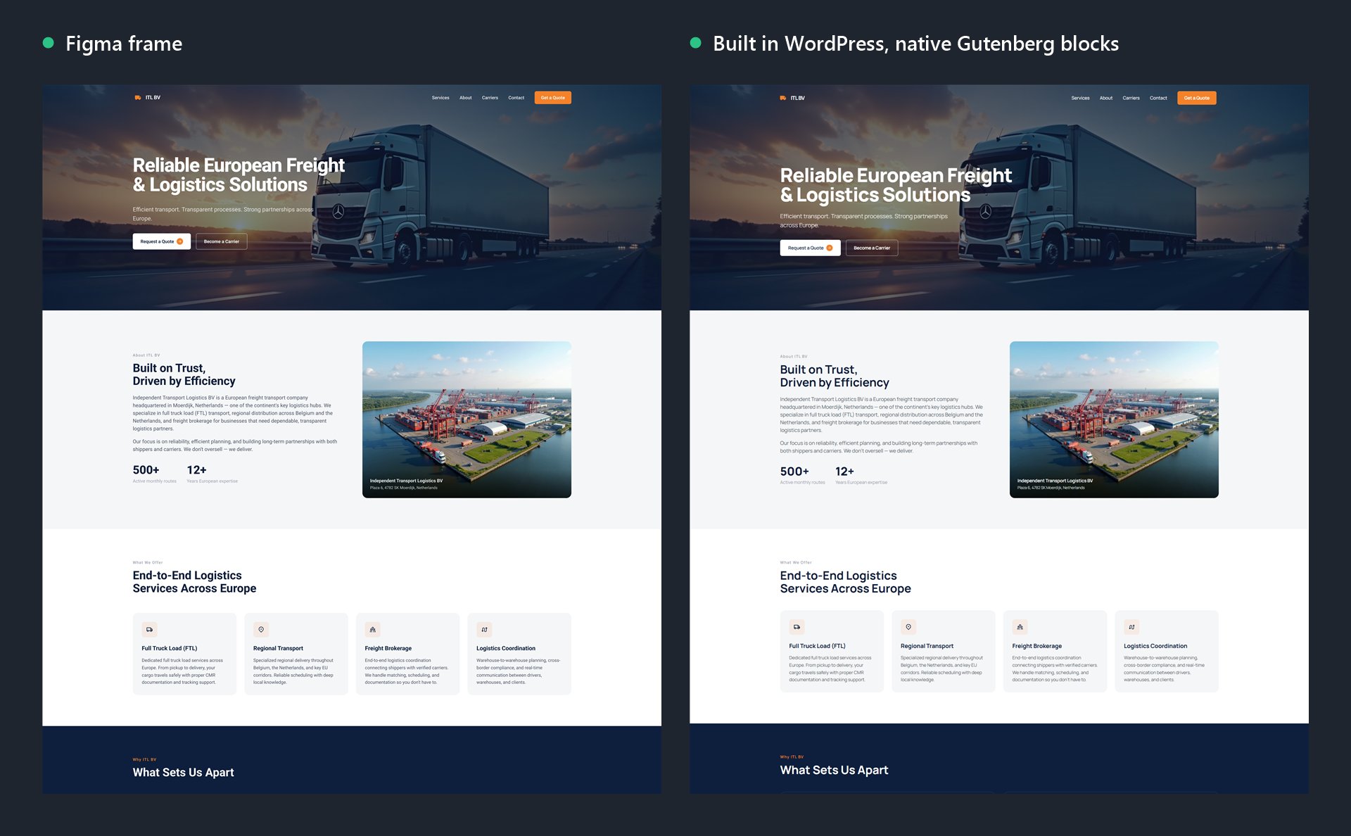 A freight company home page as a Figma frame on the left and as the WordPress page built from it on the right, section for section