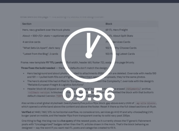 The AI agent's report after building the page from the Figma frame: a table of each design section and the Gutenberg block built for it, with a 09:56 timer